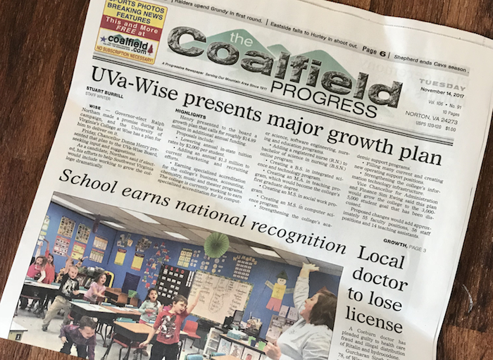 Front Page of the Coalfield Progress (November 14, 2017) © Meghan Moore-Hubbard; used with permission